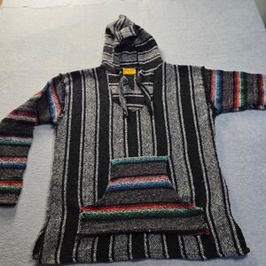 Goldcoast Sunwear Baja Hoodie Drug Rug Striped Pullover Black Gray Multi Mens‎ L